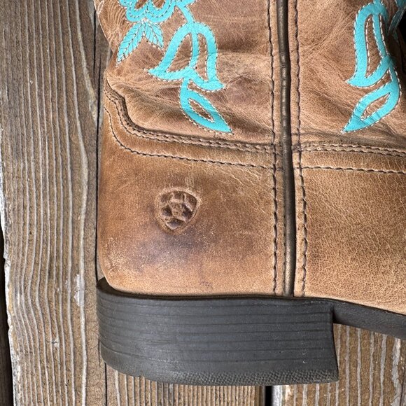 Ariat Tan Leather Turquoise Stitching Cattle Cate Western Boot in Kids 4.5/EU 36 - Picture 6 of 10